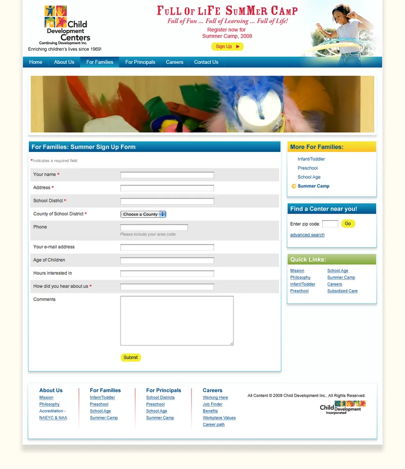 Child Development Centers website, summer camp sign up form with the find a center search