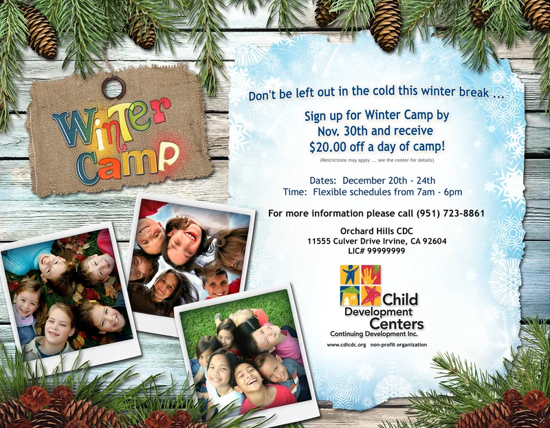 Child Development Centers winter camp ad, photos of children beside the sign up details