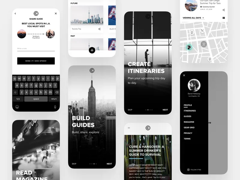 CYTIES app screens for sharing guides and planning each day of a trip
