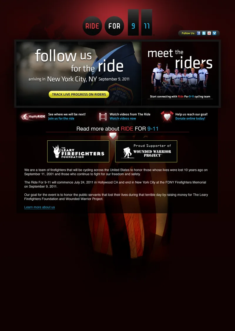 Ride for 9/11 website, homepage during the ride