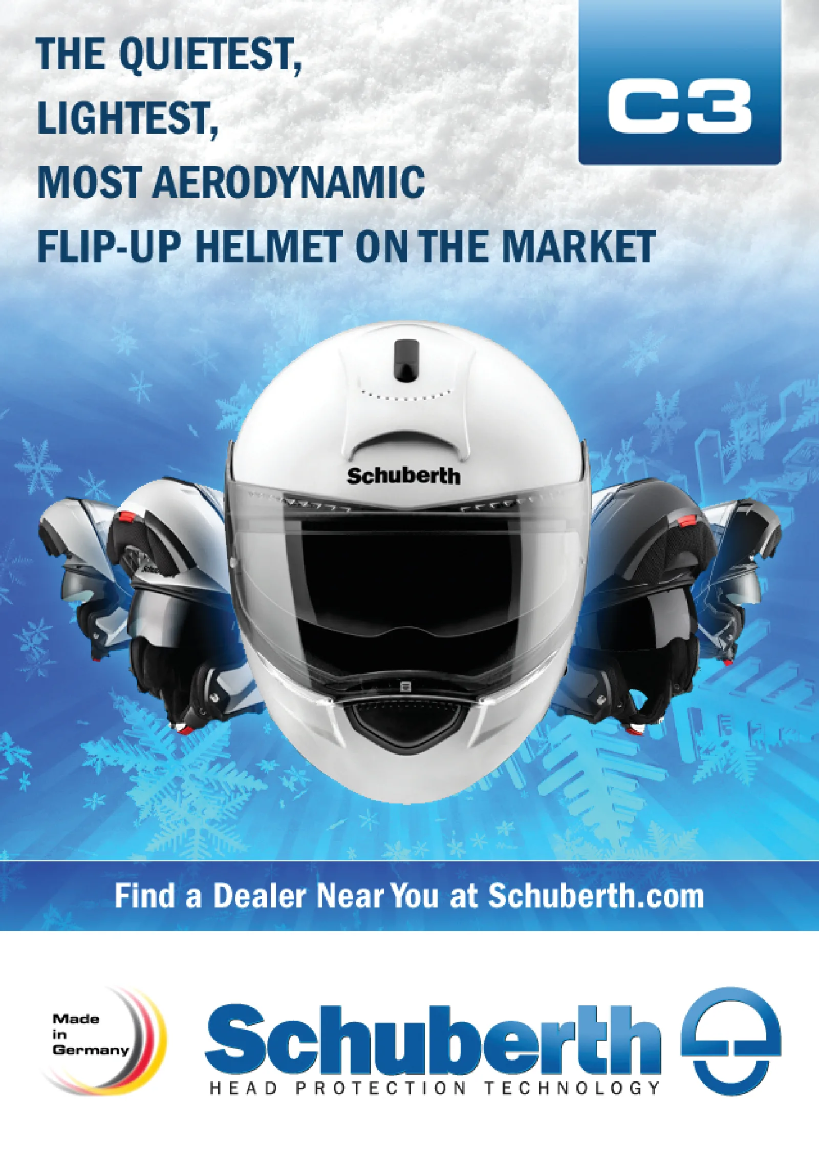Schuberth C3 holiday ad for Rider, three helmets over snowflakes