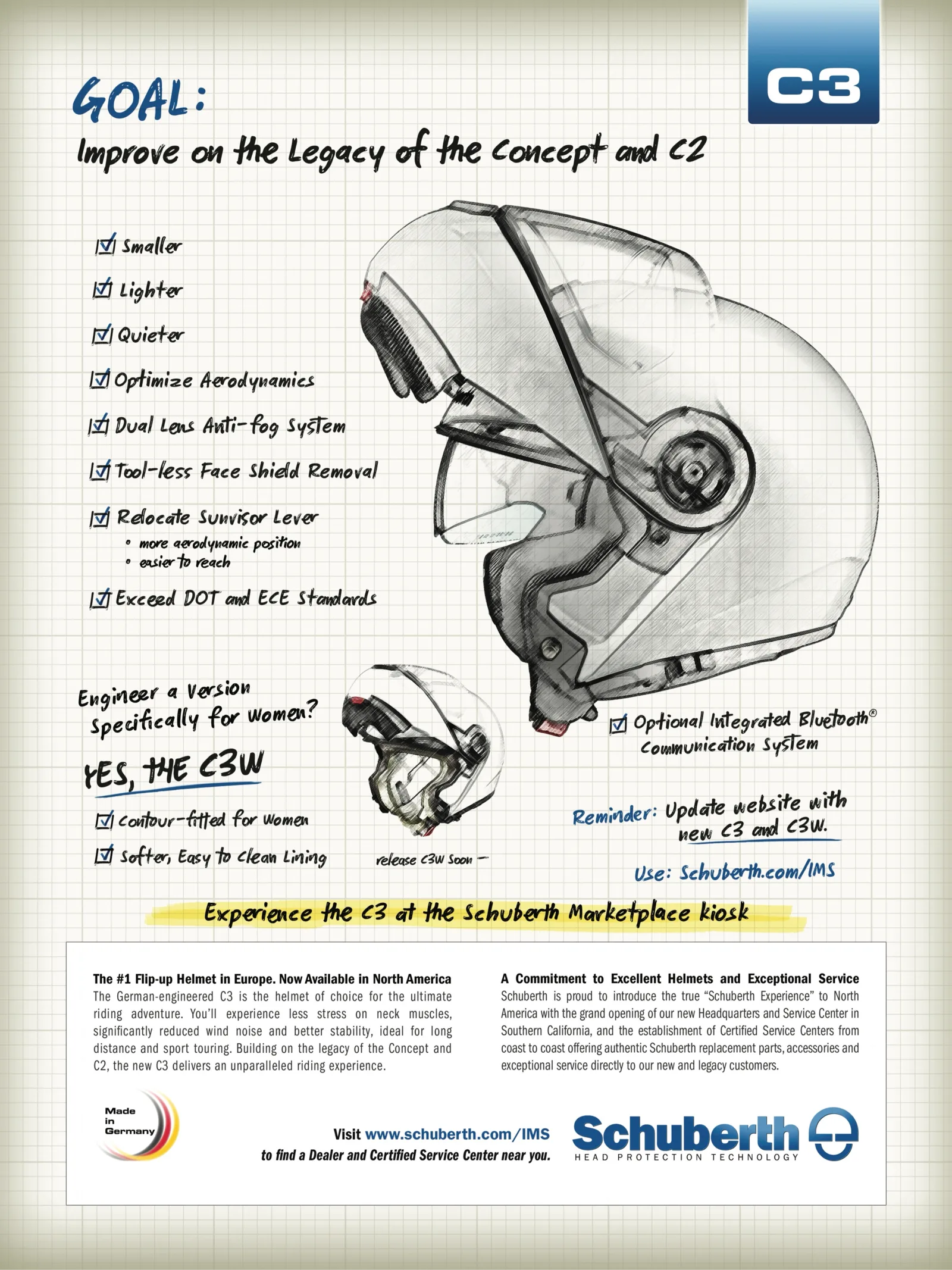 Schuberth C3 ad for IMS, the helmet sketched on graph paper beside a checklist of goals
