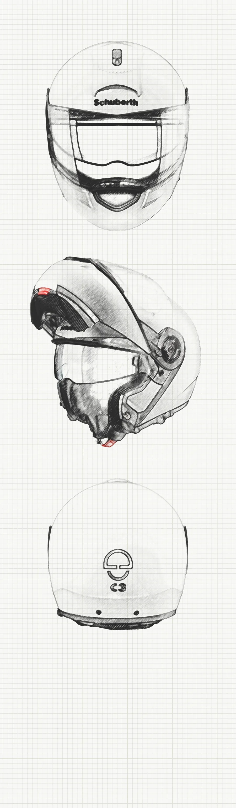 Schuberth booth wing, C3 sketches from the front