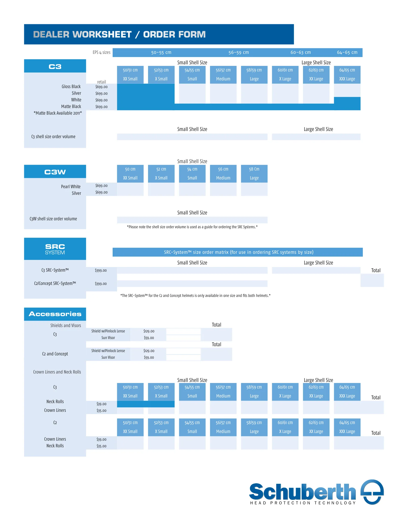 Schuberth dealer worksheet and order form
