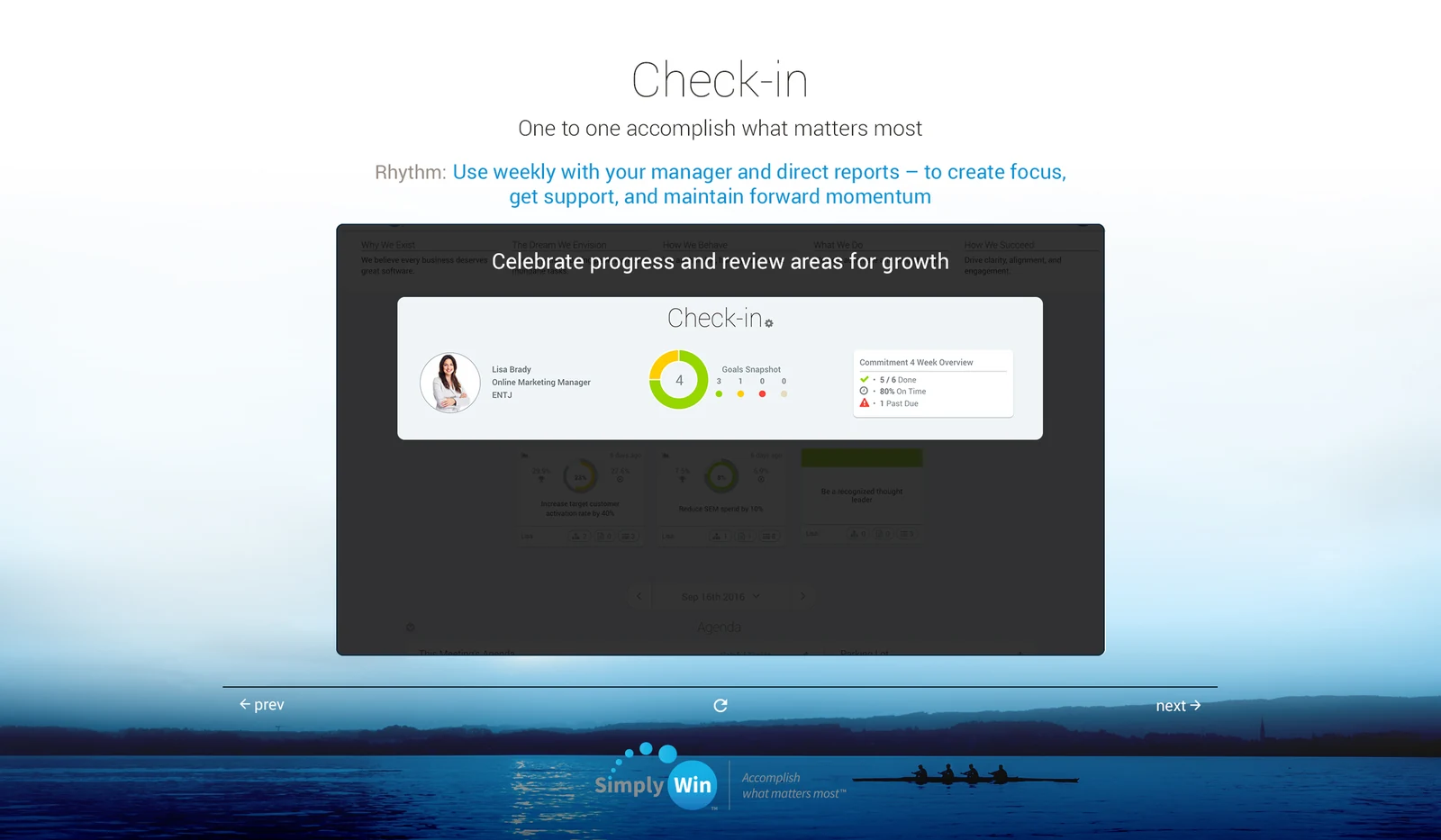 Check-in, a weekly meeting between a manager and a direct report