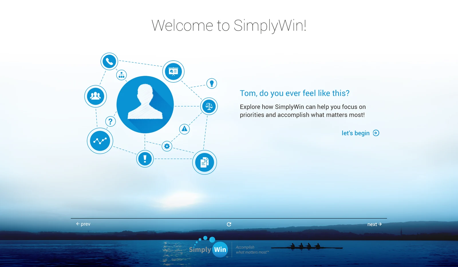 Welcome to SimplyWin, the first screen of the new user tour