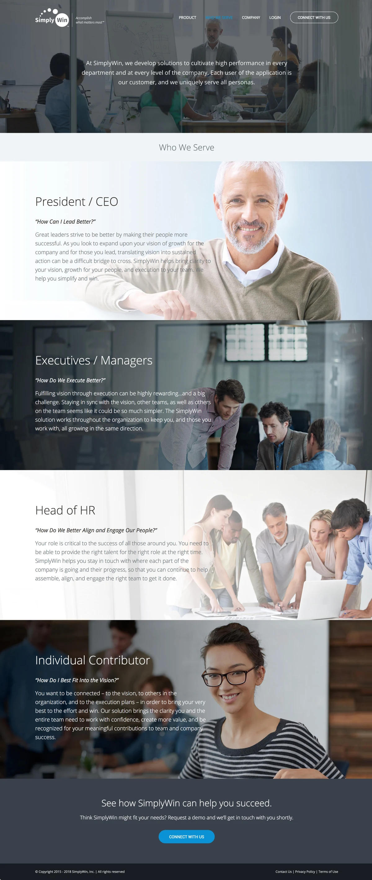 The Who We Serve page with a section for each role, CEO to individual contributor