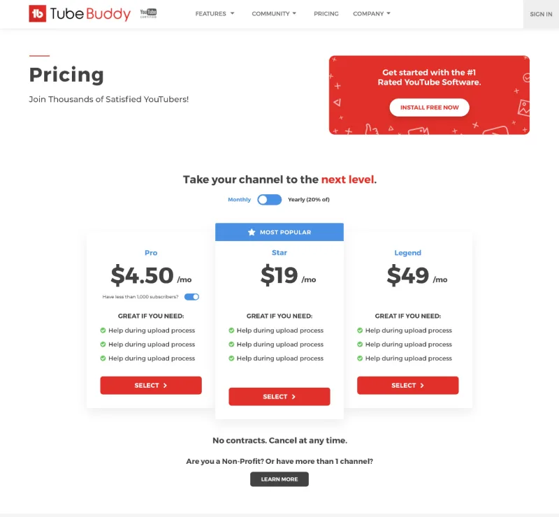 TubeBuddy pricing page