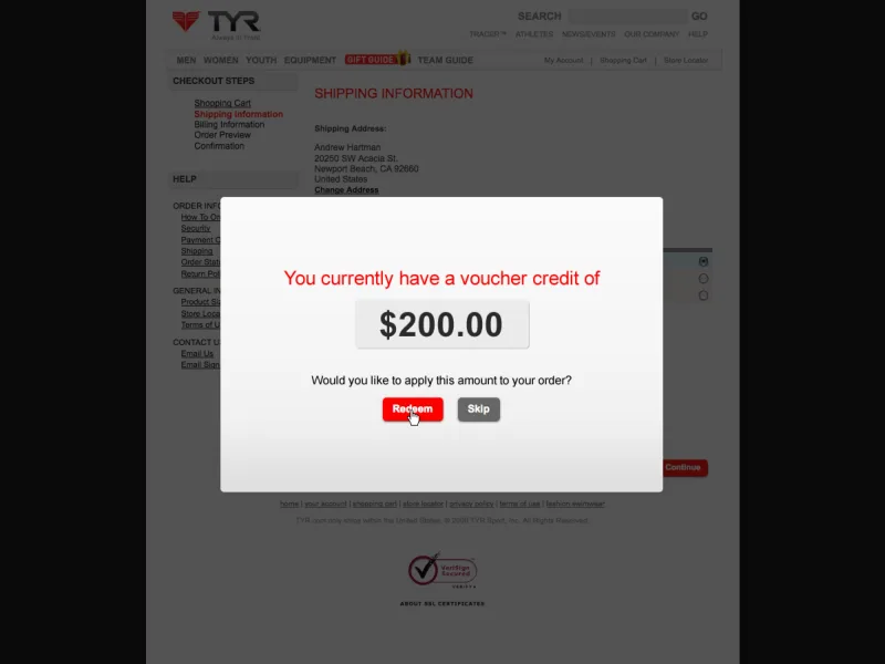 TYR voucher credit at checkout