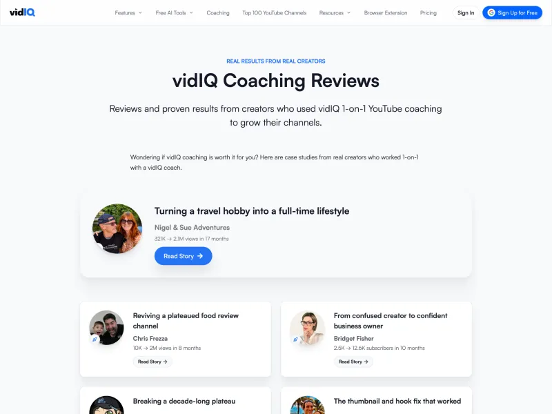 vidIQ coaching reviews page