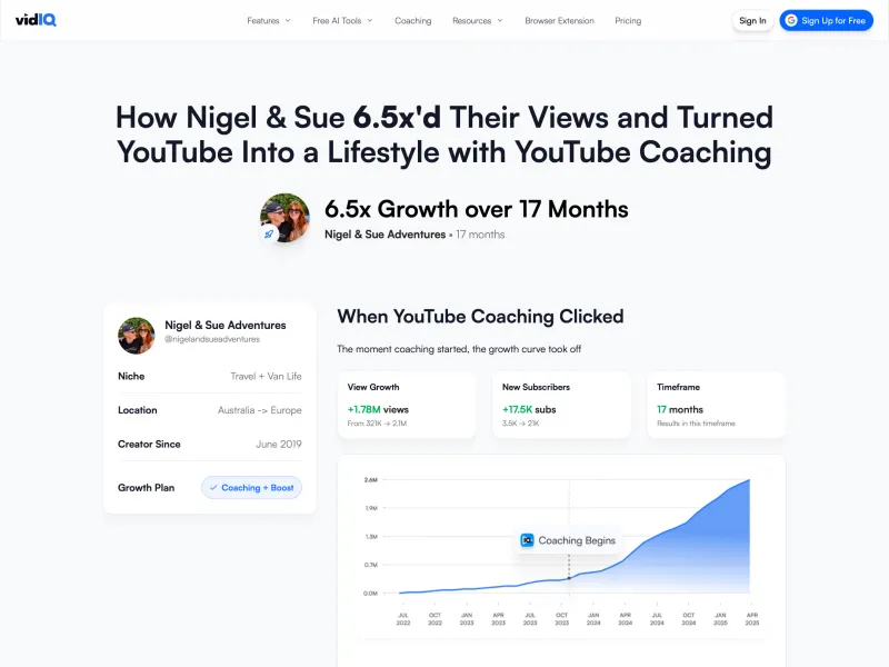 vidIQ creator coaching story page