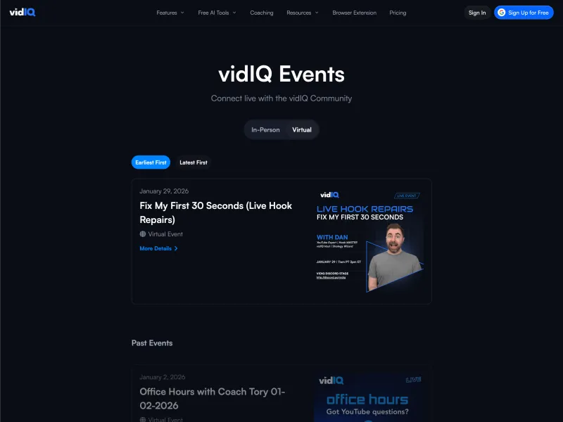 vidIQ events list