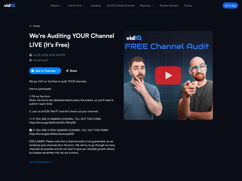 vidIQ free channel audit event page