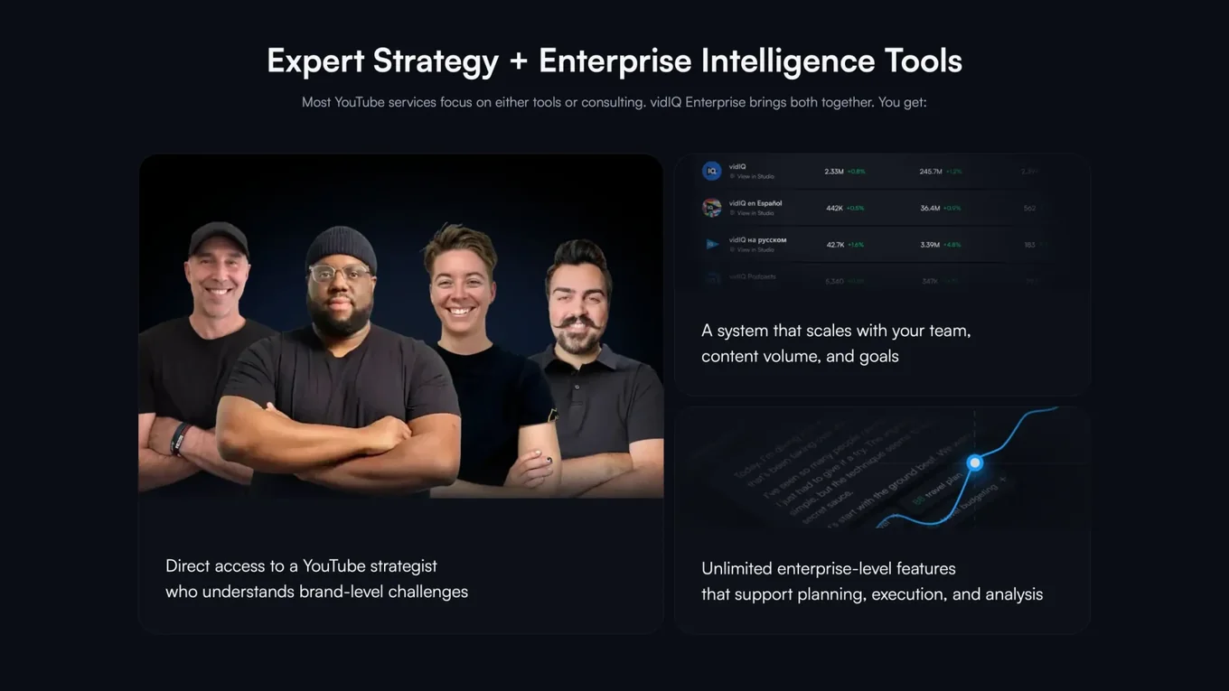 The strategy and tools section of the vidIQ Enterprise page, with four YouTube strategists, a multi-channel stats panel, and a growth curve