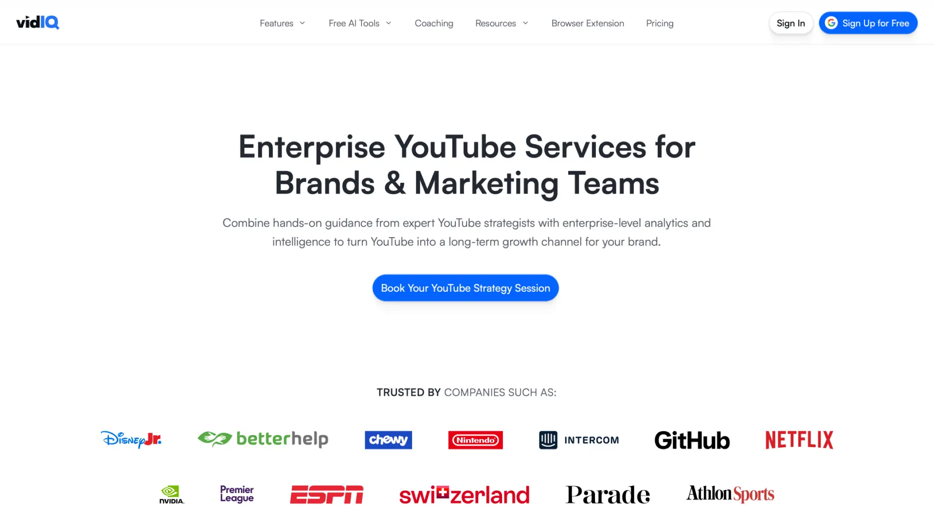 Top of the vidIQ Enterprise marketing page, with the headline, a strategy-session call to action, and two rows of trusted-by logos