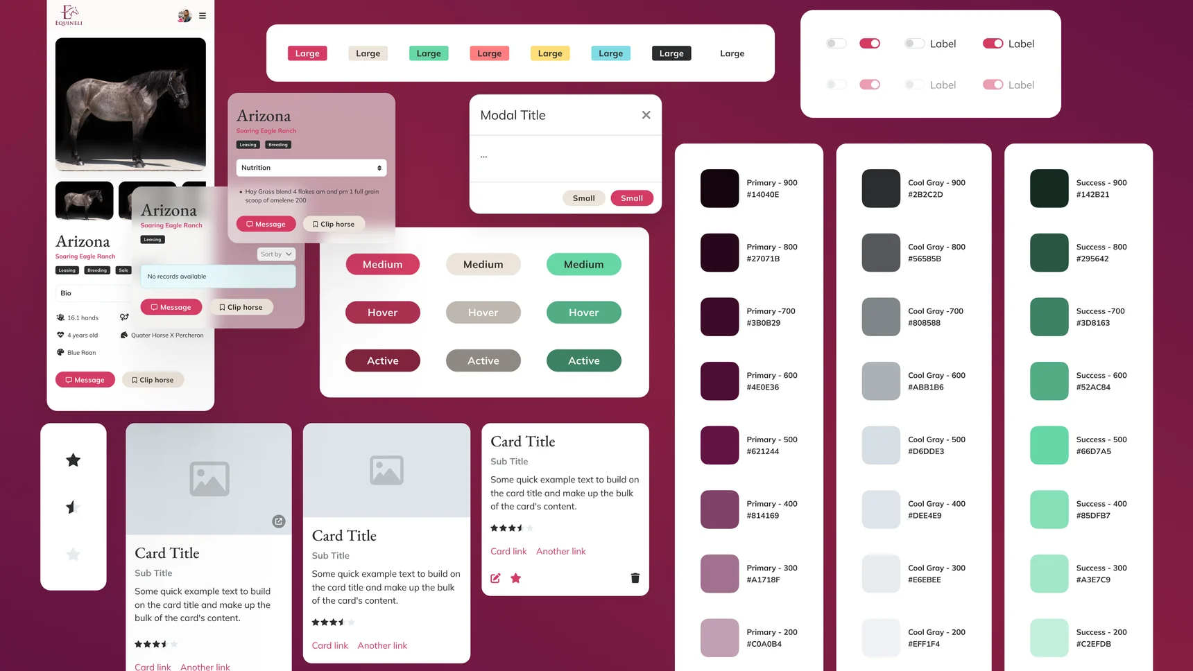 The system sheet, with primary and gray ramps, buttons in default, hover and active, toggles, cards, a modal and a horse profile card