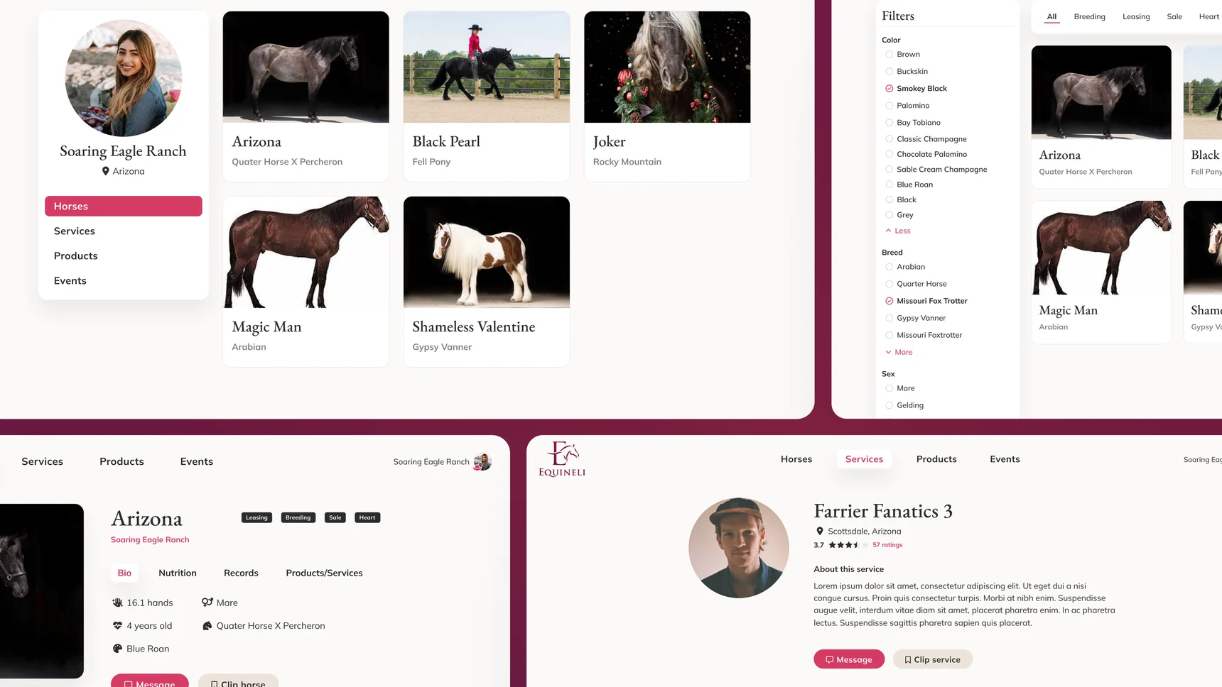 Page templates, a ranch profile, the filtered browser, a horse detail page, and a farrier service page with a rating and reviews