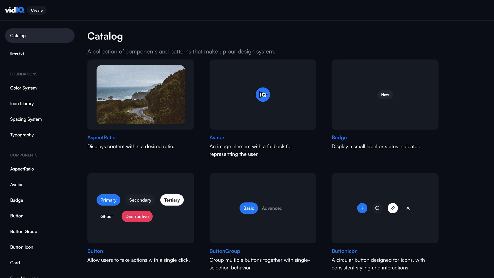 The component catalog in dark mode, a card for each component showing a working example above its name and a one line description, with the foundations and the full component list down the side