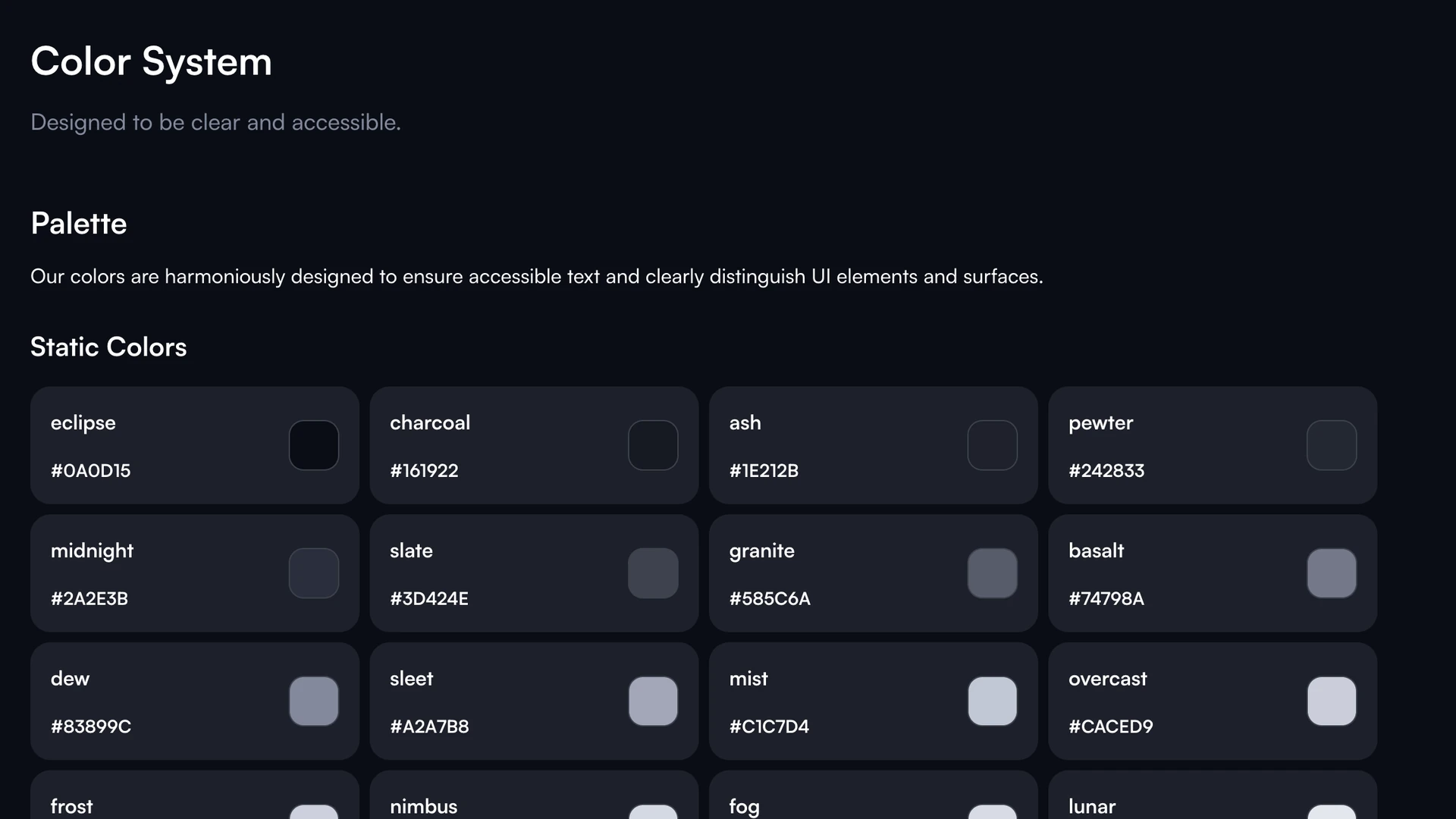 The Color System page, every gray as a named card with its swatch and hex value