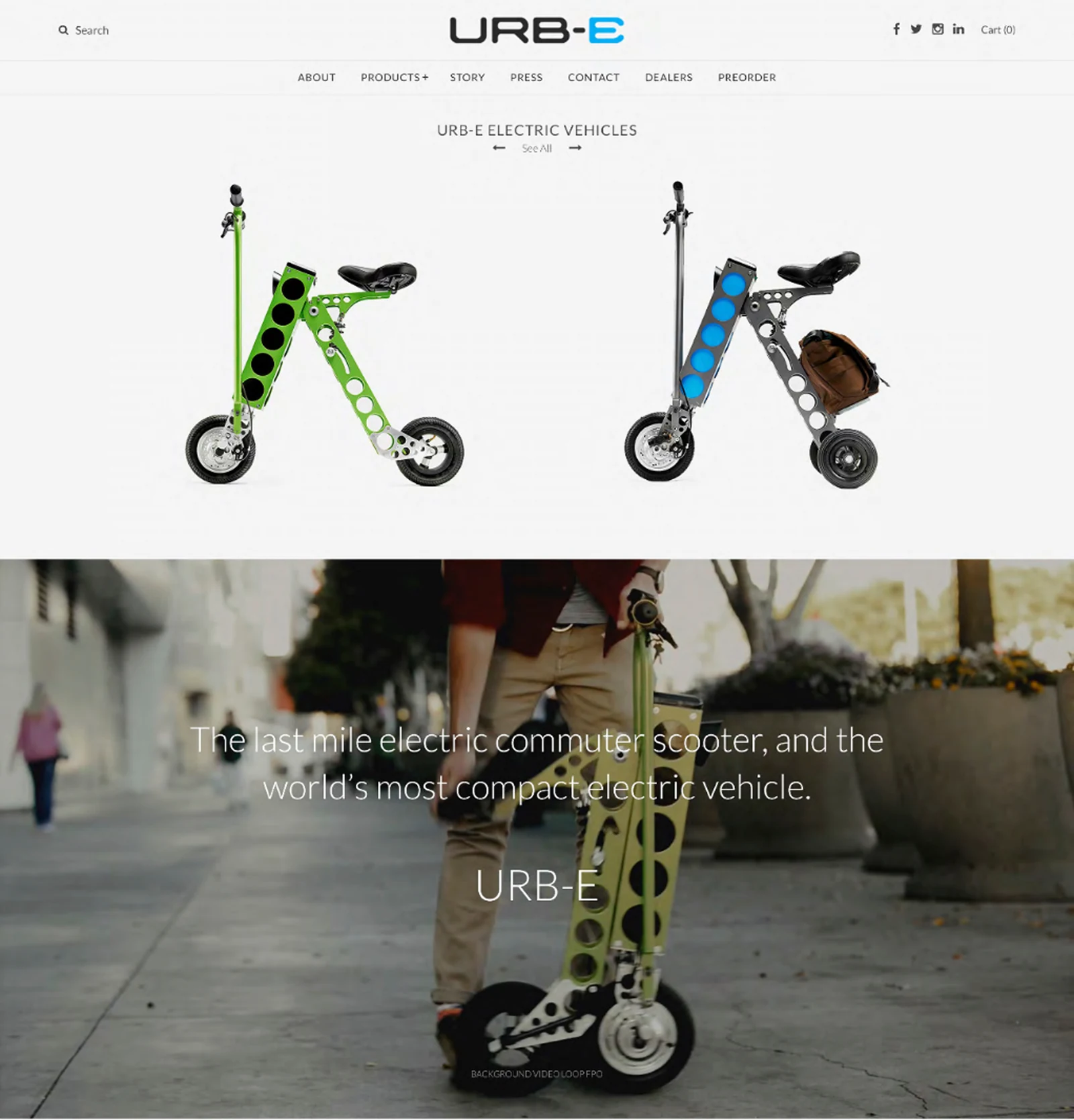The URB-E home page, a green and a blue scooter under the nav, then a rider on the hero photo