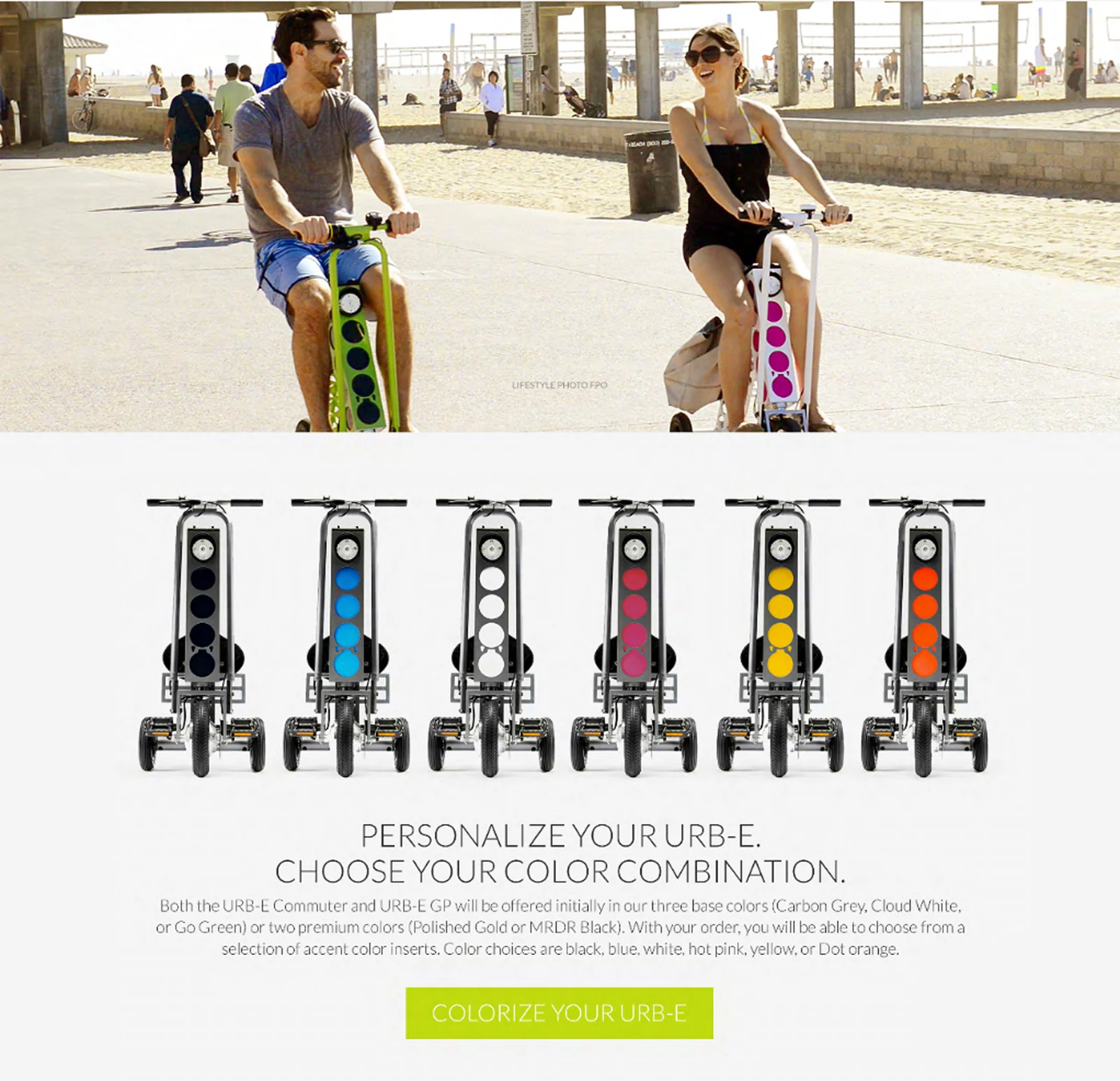 Two riders on a boardwalk, then six accent colors over Personalize your URB-E
