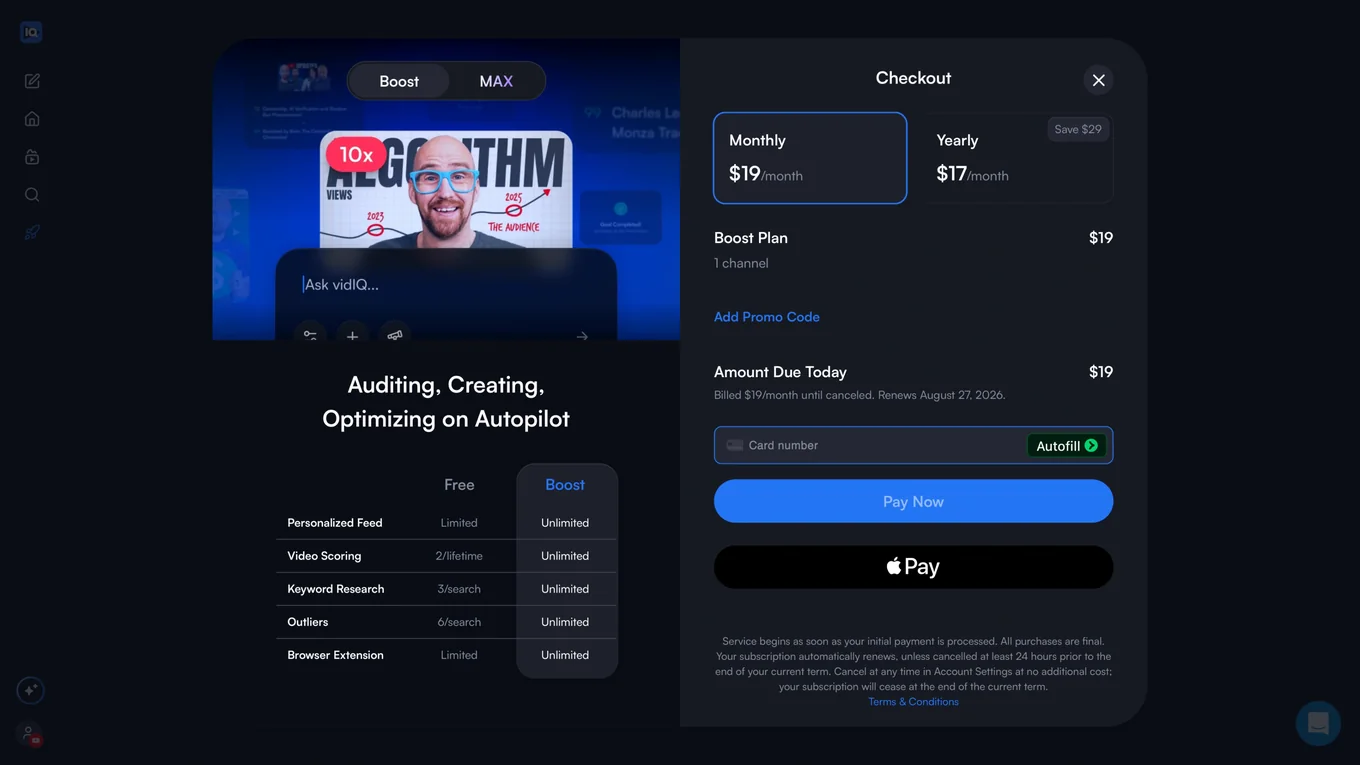 The Boost upsell with checkout beside it, monthly and yearly, the plan comparison underneath