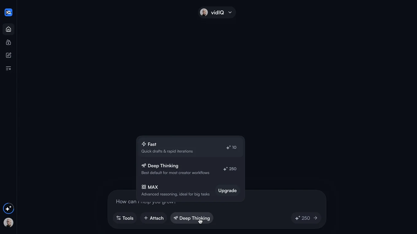 The mode list open on the prompt bar, each mode priced in credits and MAX sitting behind an upgrade