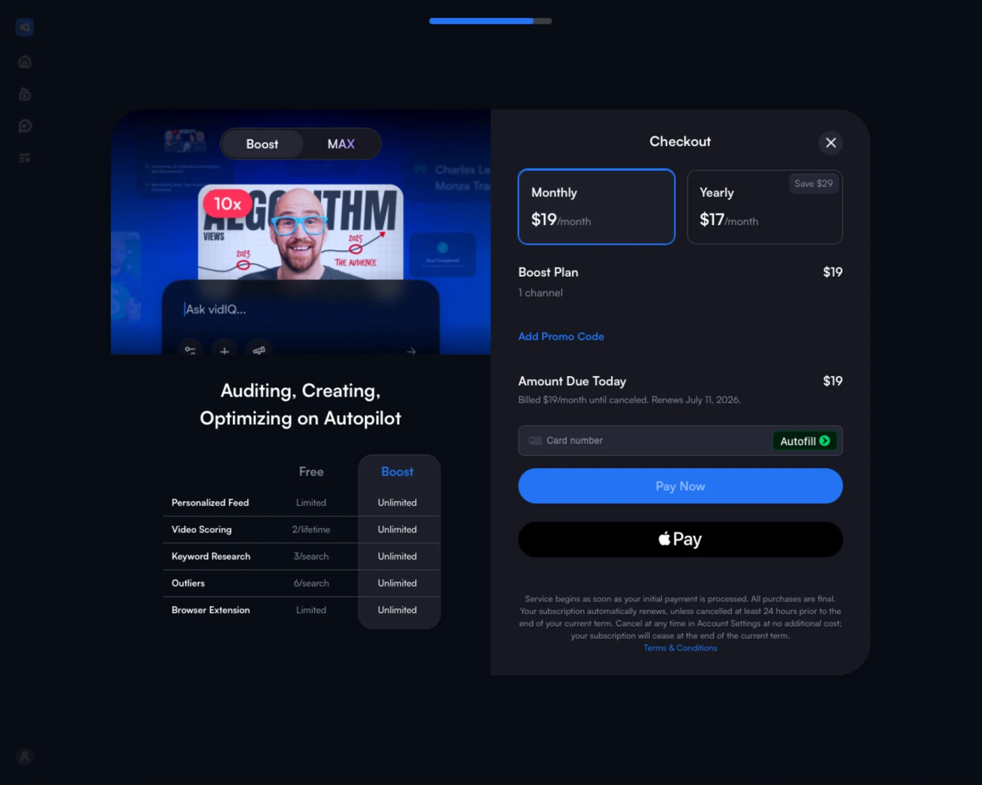 Boost against Free on a desktop at the end of signup, with checkout open beside it