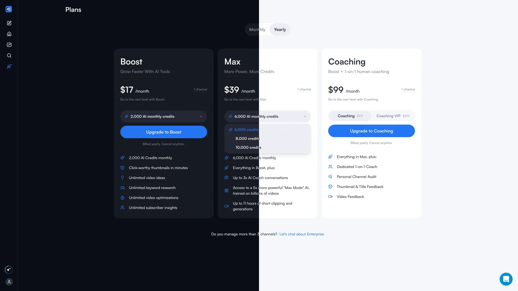The plans page inside the product in dark and light side by side, the credits selector open on Max