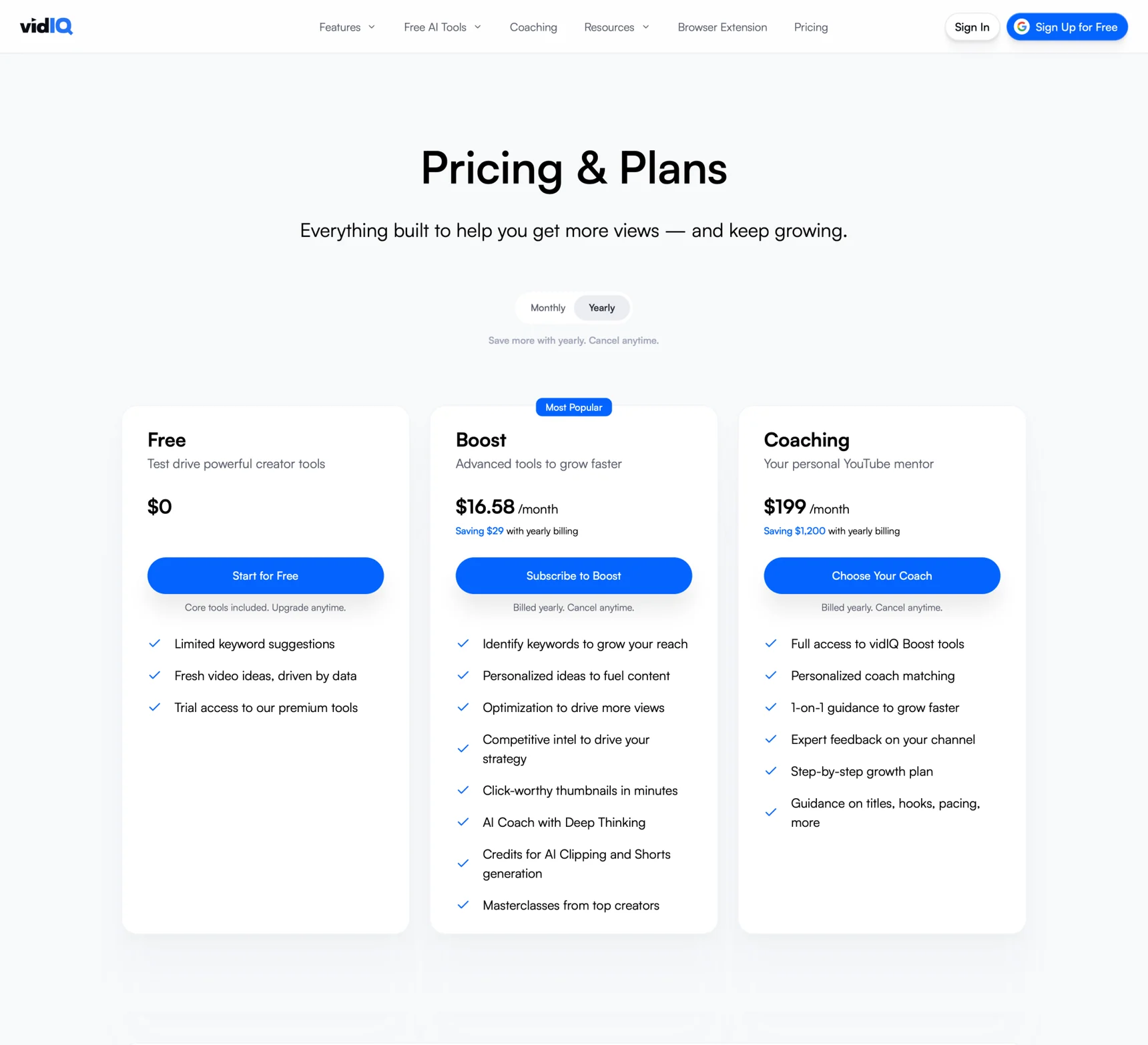 The public pricing page, Free, Boost and Coaching side by side with the monthly and yearly toggle above them