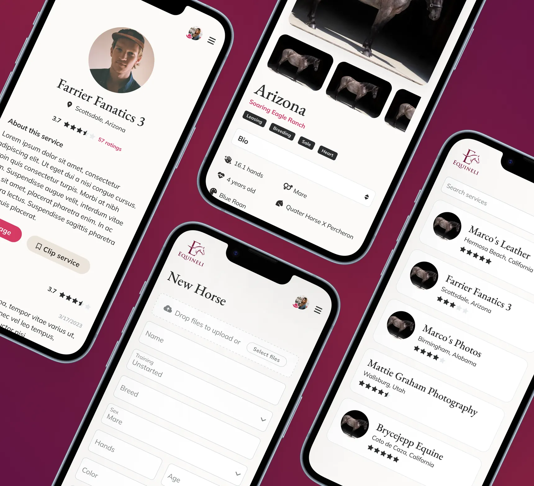 Four Equineli screens on phones, a service listing with ratings, a horse profile, the service search, and the form for adding a horse
