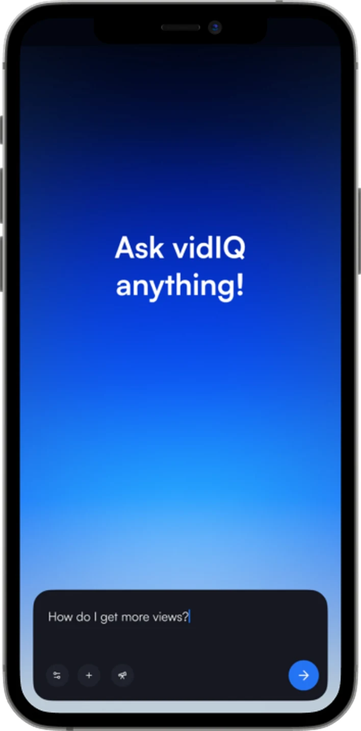 The welcome video on a phone, Ask vidIQ anything on the horizon background with the prompt bar underneath