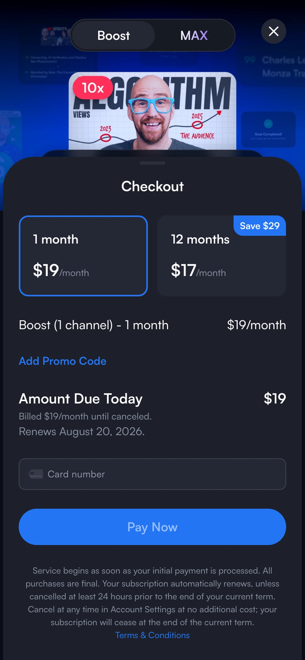 Checkout on a phone, one month or twelve with the card field and Pay Now