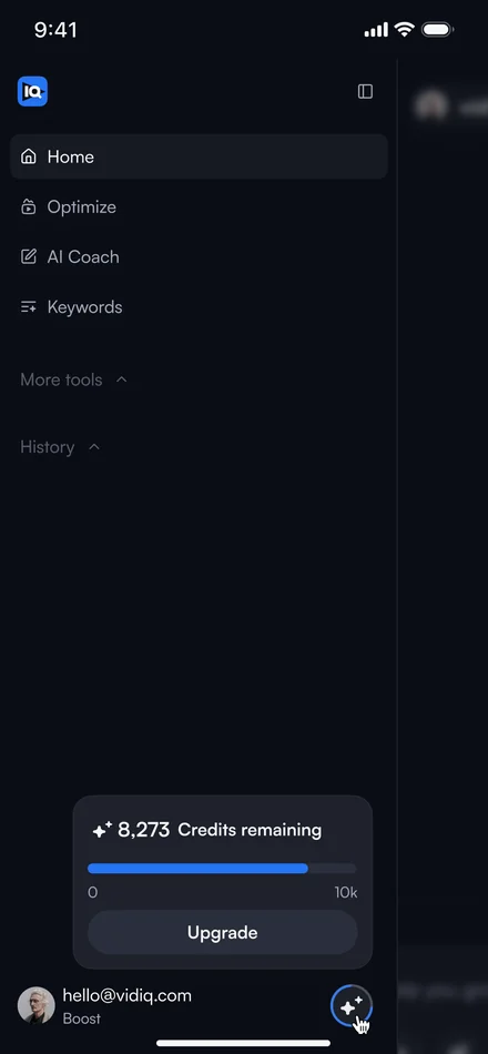 The rail on a phone with the credit balance and the way to upgrade under it
