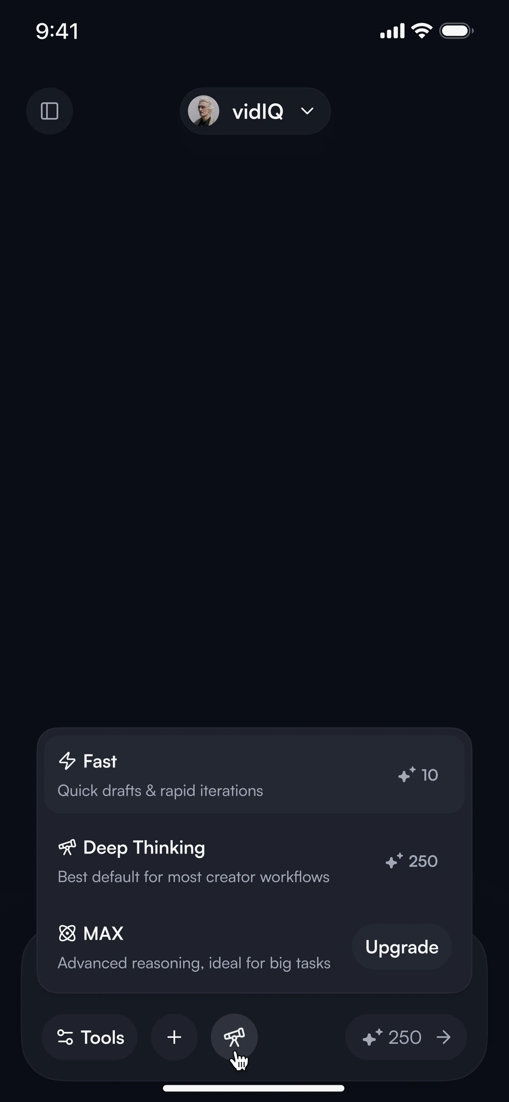 The same mode list on a phone, Fast and Deep Thinking with their credit costs and an upgrade on MAX