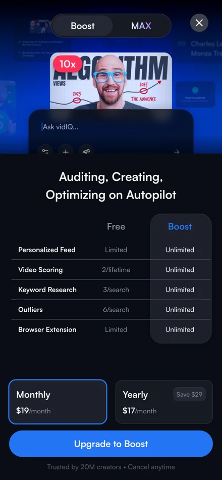The same upsell on a phone, Boost against Free with monthly and yearly under it
