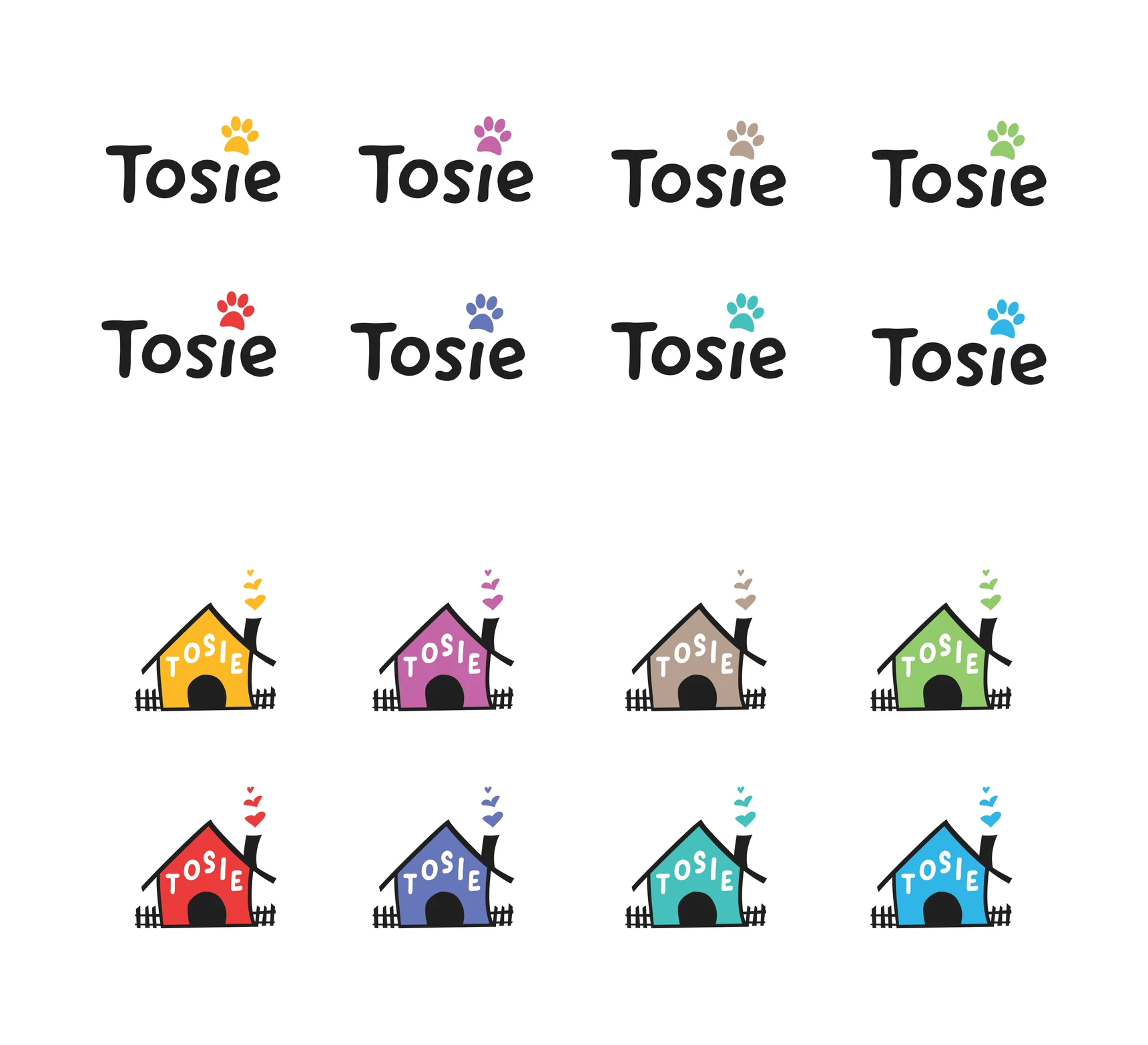Both marks explored in eight colorways, the wordmark with a paw print above the i on top and the doghouse with the name knocked out of the wall underneath