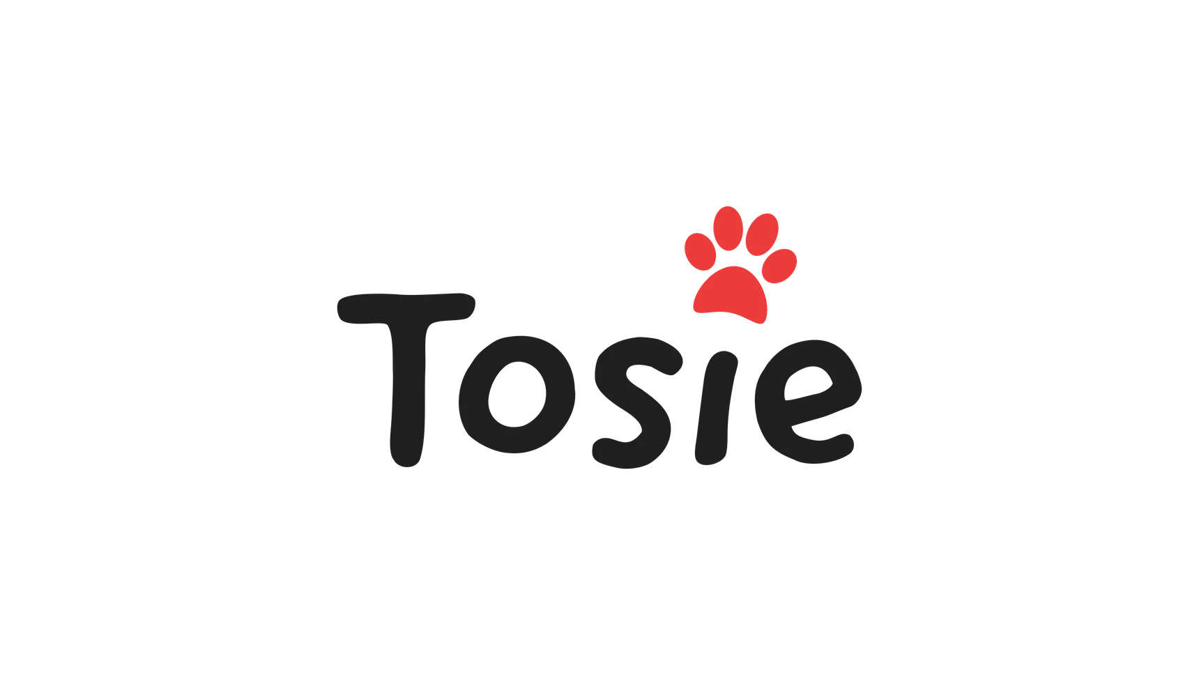 The finished wordmark, Tosie in the rounded hand lettered face with a red paw print over the i