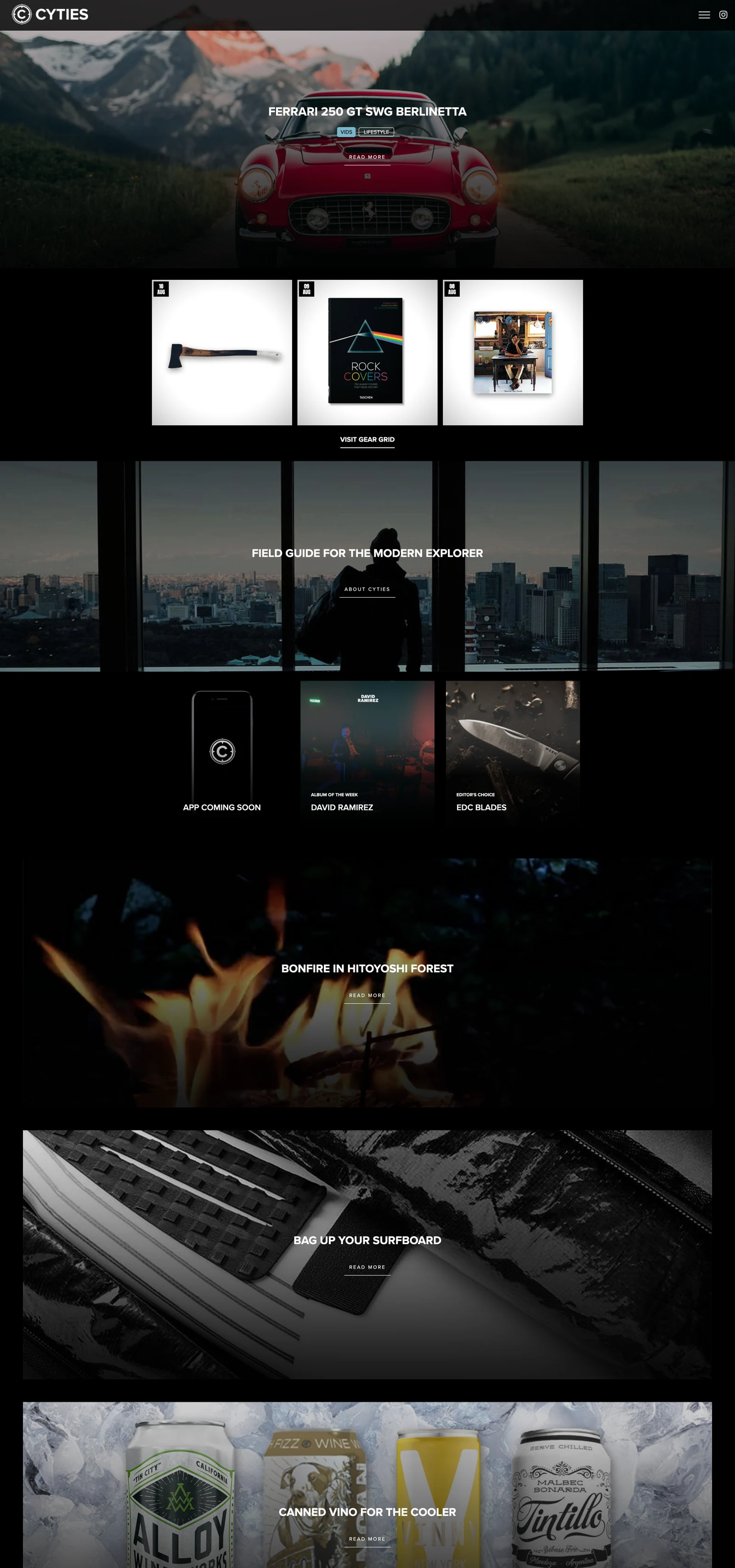 The CYTIES home page in black with a Ferrari story up top and an App Coming Soon tile under the field guide line