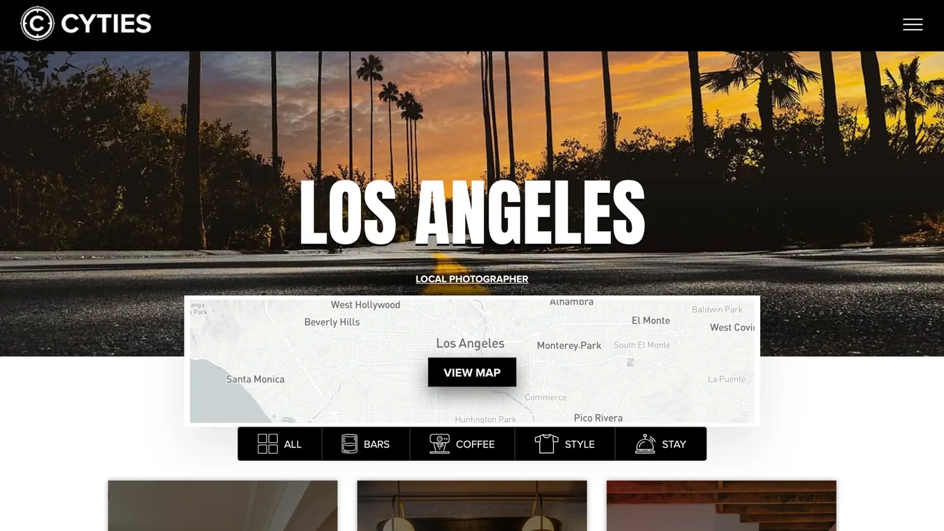 The Los Angeles page on desktop, the map and the category filters under the city banner