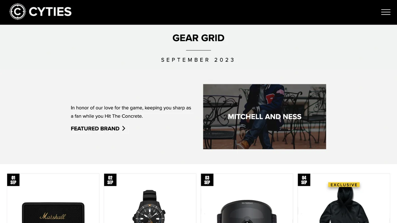 The Gear Grid for September 2023, Mitchell and Ness as the featured brand above the numbered tiles