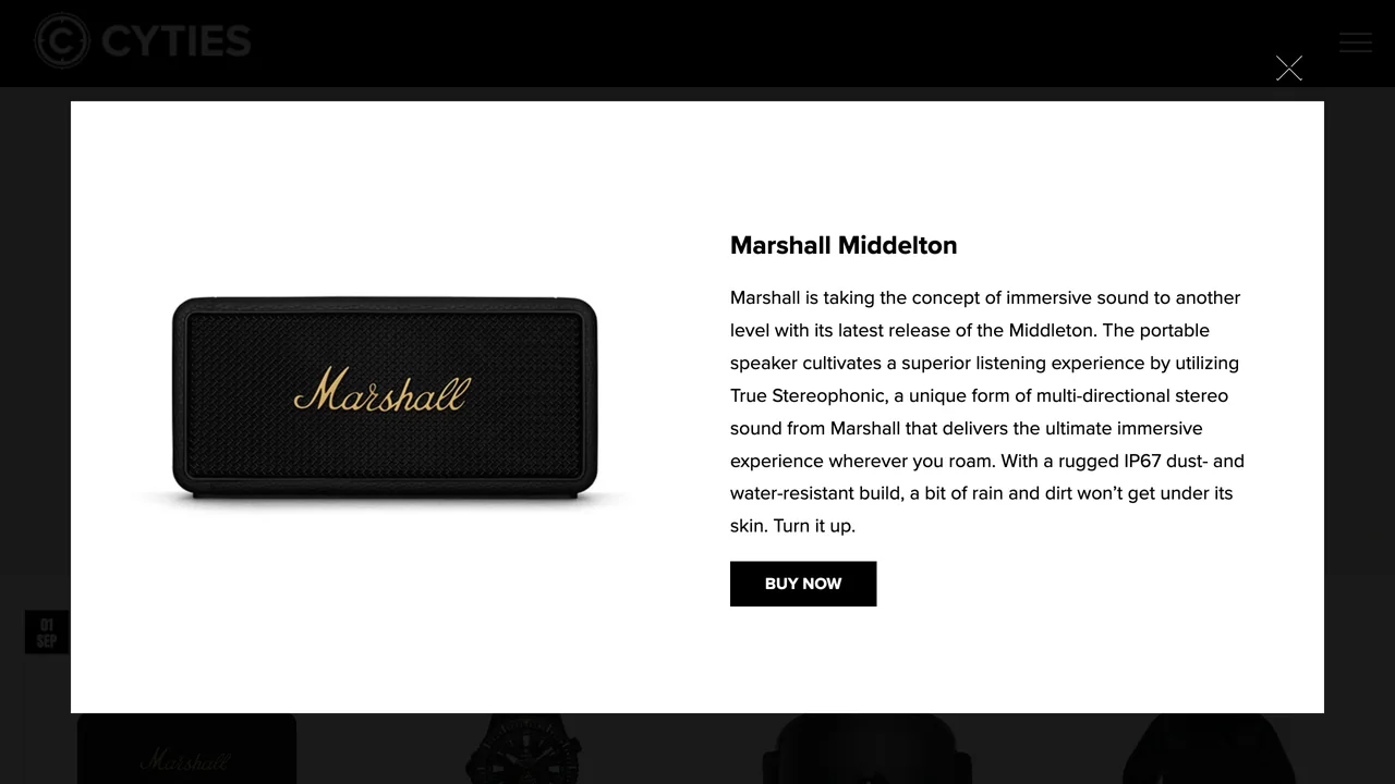 A Gear Grid tile opened, the Marshall Middelton with its write-up and a Buy Now button