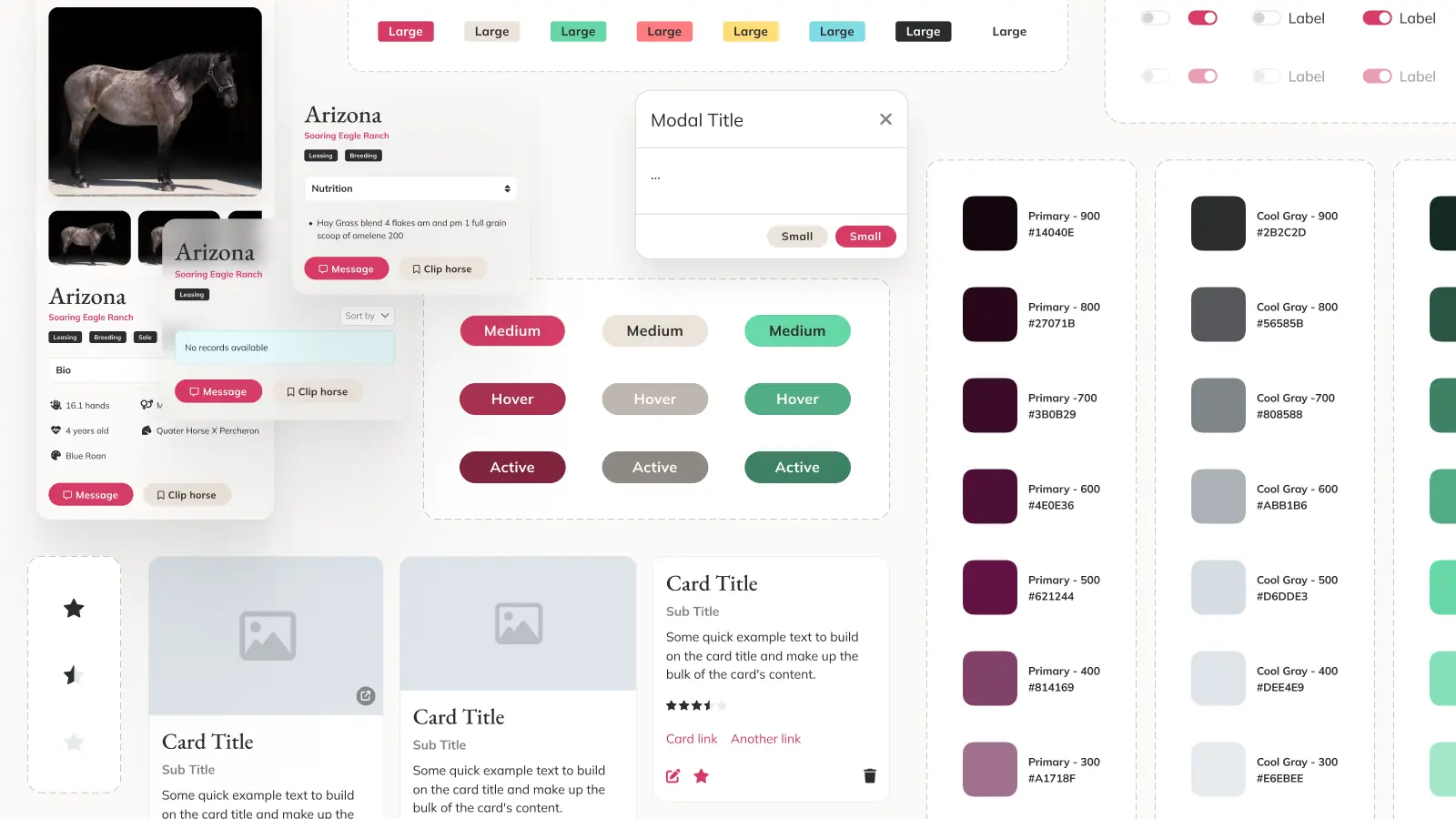 The system: color ramps, buttons in every state, cards and controls