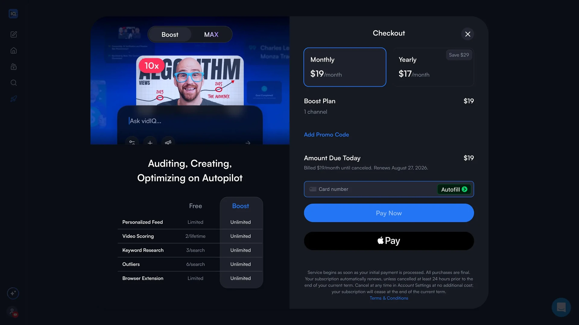 The Boost checkout at the end of signup