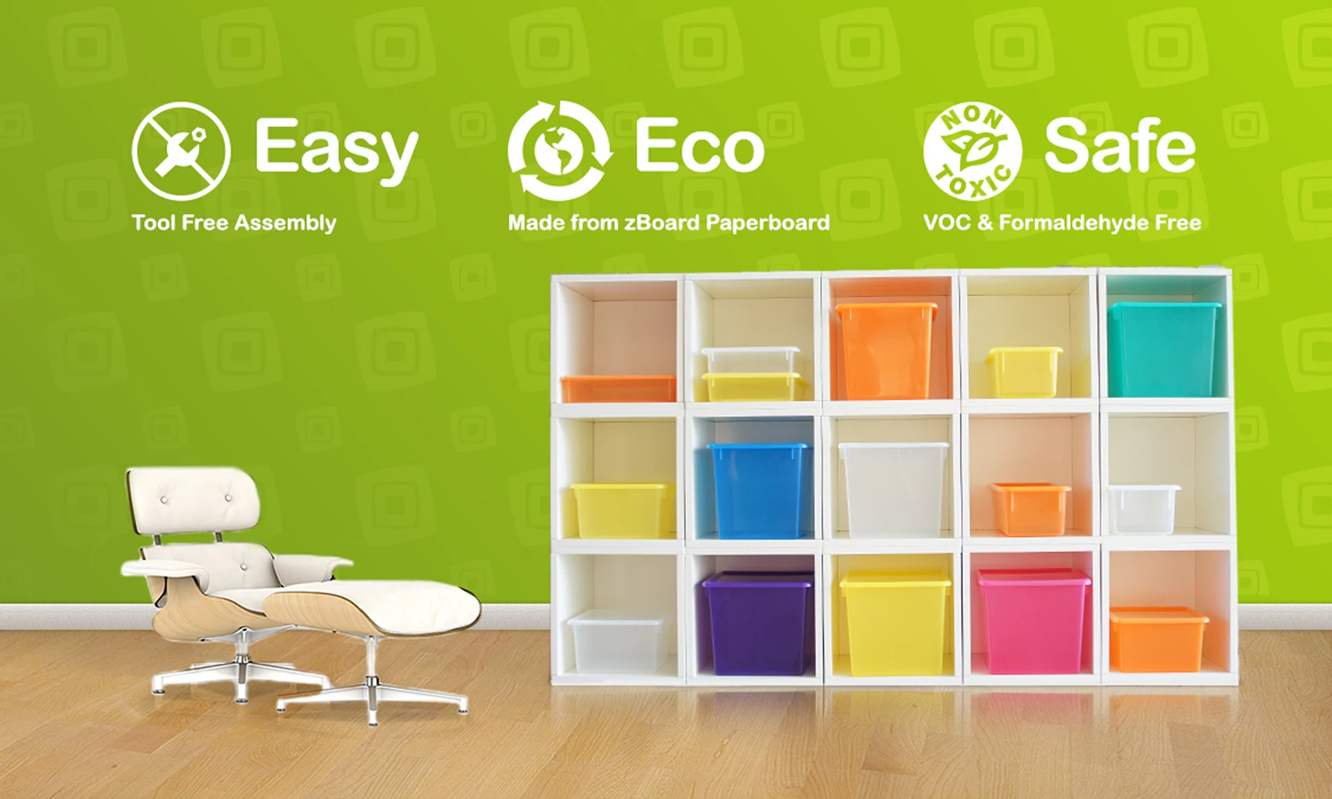 Way Basics, Easy, Eco and Safe over a wall of cubes filled with colored bins