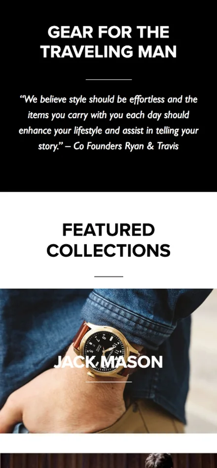 The store on a phone, Gear for the Traveling Man over the founders’ line, and the Jack Mason collection below it