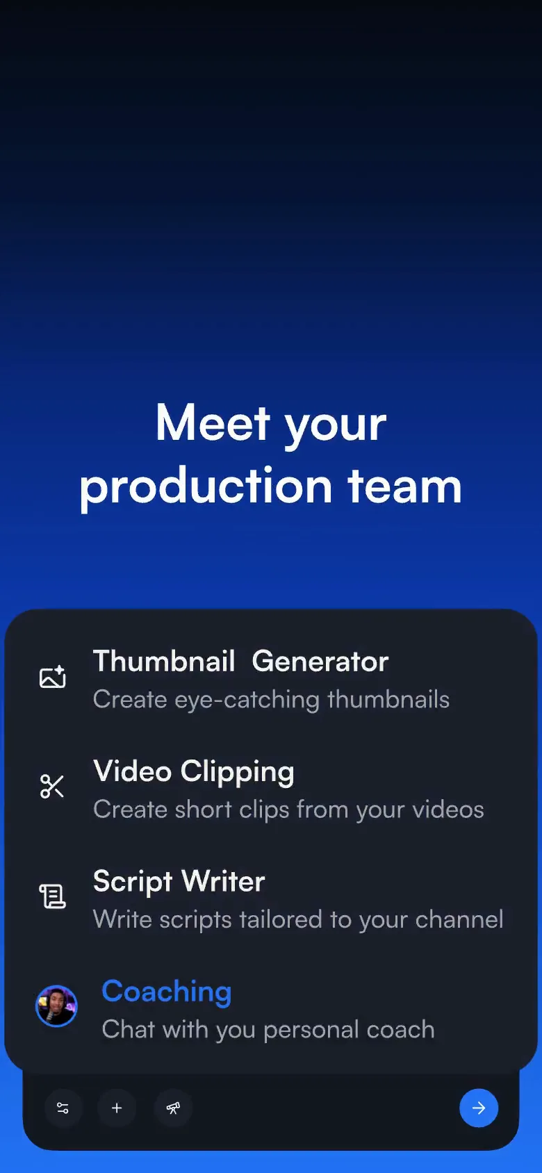 "Meet your production team" with four AI tools listed above the prompt bar.