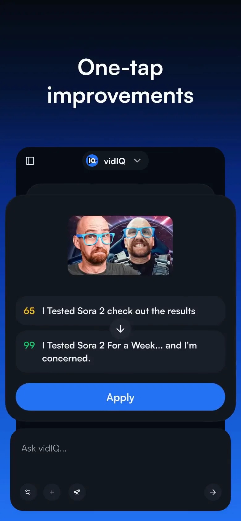 "One-tap improvements" on a video, a stronger title offered with an Apply button.