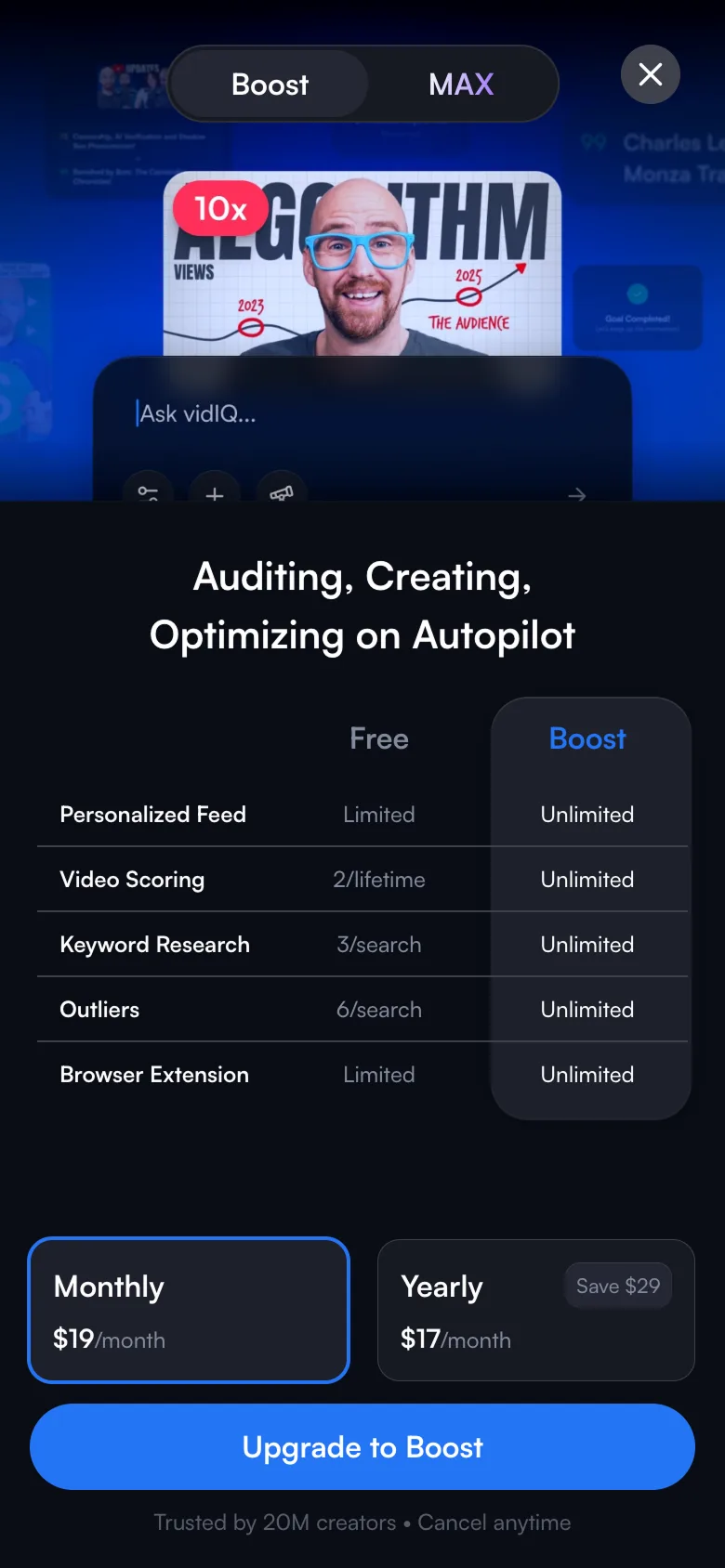 The offer that comes after the video, Free against Boost with monthly and yearly prices and an upgrade button.